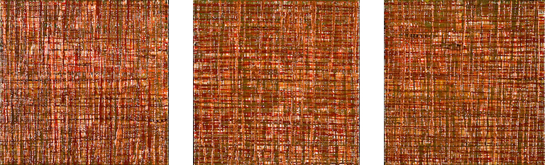 Triptych of canvases containing grid pattern of textured horizontal and vertical stripes of copper, red, green and brown suggesting cloth or weaving