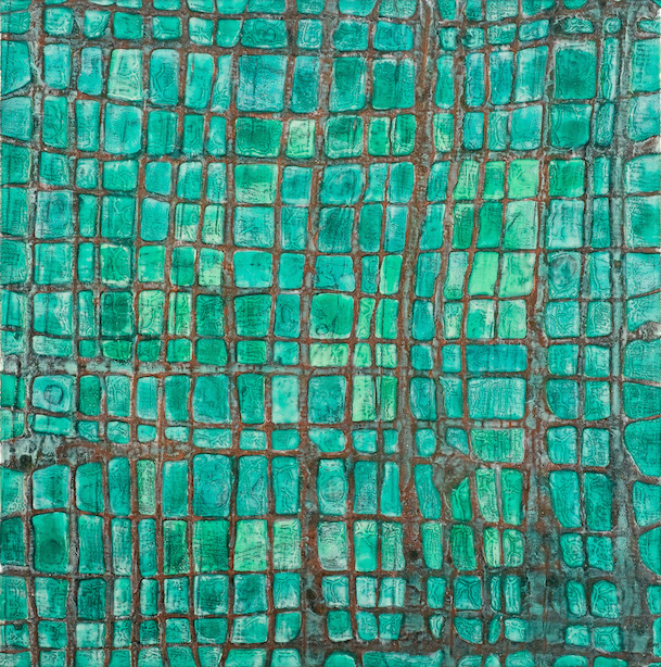 Turquoise and copper textured wide grid pattern with hints of green