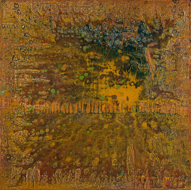 Tree and field image created with horizontal and vertical drip pattern from edges with multiple colors of gold, copper and green with rough horizontal stripe just below center representing a fence in the field.