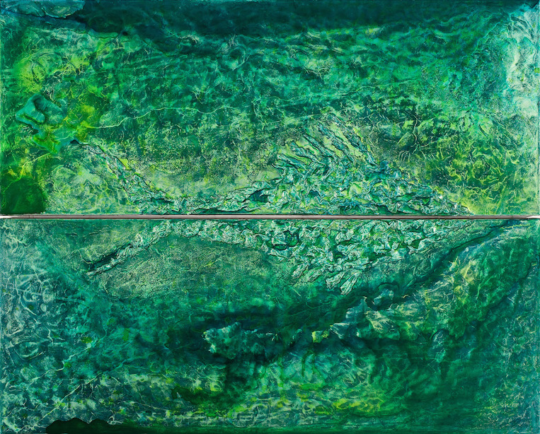 Textured large fish centered on green-turquoise background with areas of gold suggesting tropical water, work is a diptych bifurcated in center horizontally