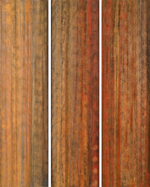 Acrylic paint over coarse gauze. Vertical bands of red, copper, tan are shown on this triptych.