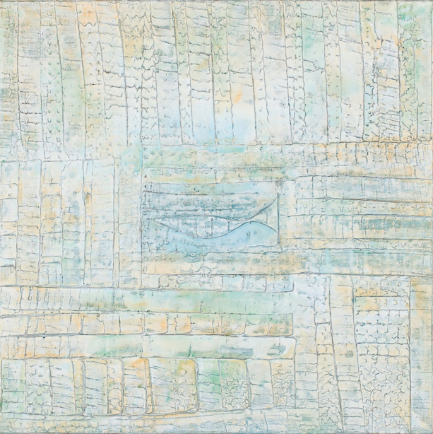 rough grid of white, light blue, light green and light copper with horizontal and vertical textured scoring, center square of grid has a fish scored texture.