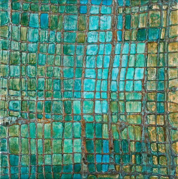 Turquoise and copper textured wide grid pattern with hints of green and gold