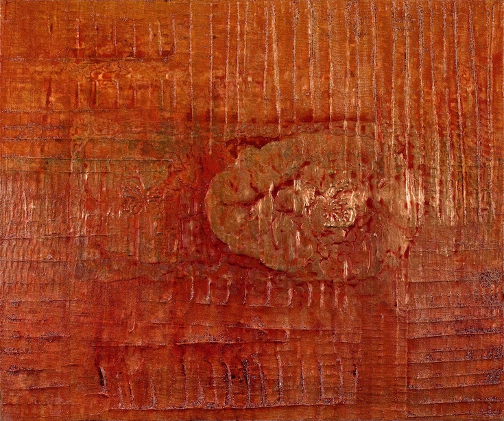 Highly textured canvas showing vertical stations.  A bubbling form emerges from the background.