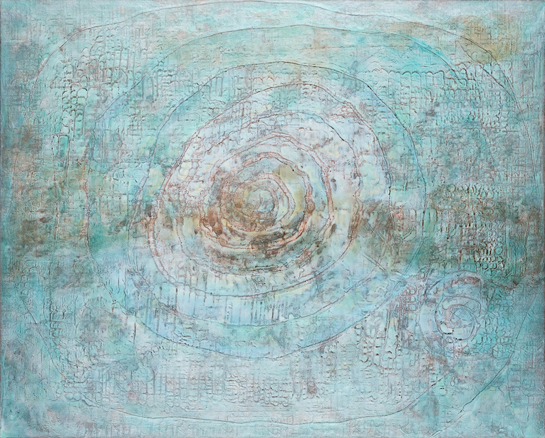 turquoise, red and copper concentric circular pattern with small horizontal and vertical scoring, suggesting water or ripples or the spiral of life