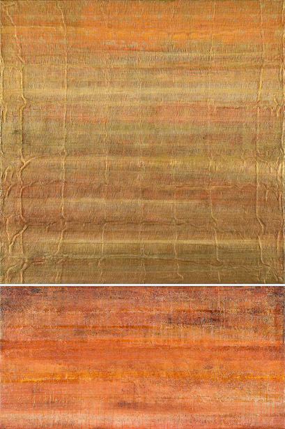 Acrylic paint over fabric to create a desert sunrise using multiple colors of brown, orange, copper and green with rough horizontal variations and a strong color change at the horizon expressing the red and orange colors of a desert sunrise