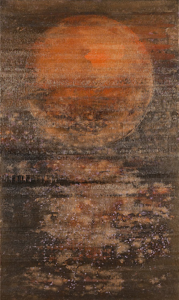 Rising moon reflected in the ocean.  Moon is depicted in copper, orange and red.