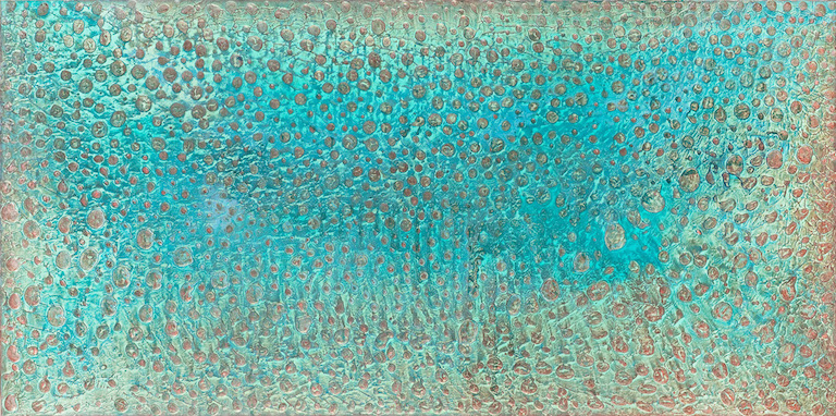 blue and turquoise background with small pebbles created from modeling paste evoking stones on a shallow beach