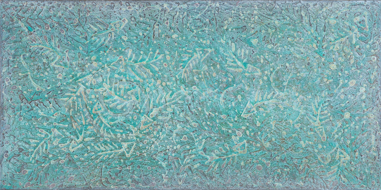 Textured fish fossil pattern in turquoise and and white over a dark mauve suggesting fossilized fish