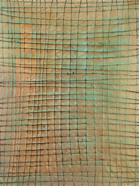 copper and turquoise background with thin, irregular, black scored horizontal and vertical lines