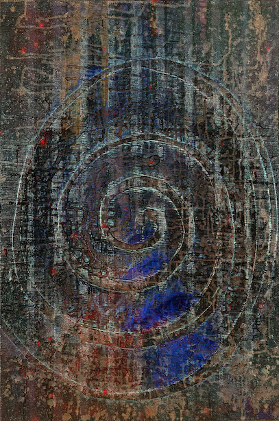 black, navy blue, mauve and copper spiral pattern with small horizontal and vertical scoring and dripping with indigo highlights, suggesting water or ripples 