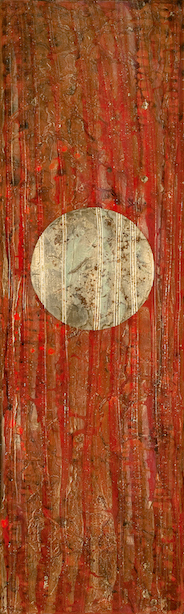 Gold leaf sun against a background of textured red