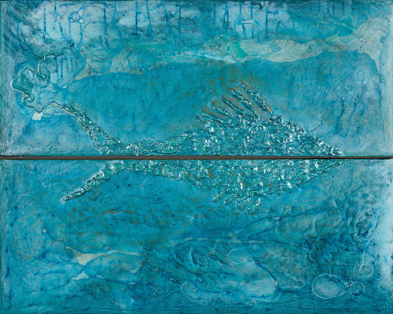 Textured large fish centered on blue-turquoise background suggesting tropical water, work is a diptych bifurcated in center horizontally