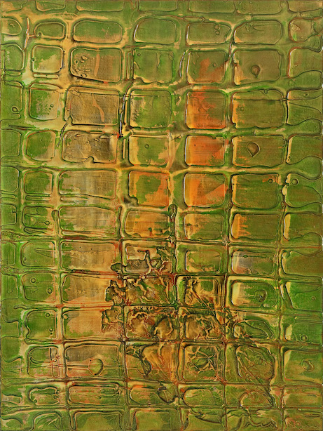 Green and gold textured wide grid pattern with hints of copper