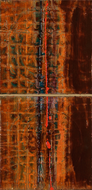 Diptych created to hang one canvas over the other.  Canvas grid pattern with shades of dark brown, red, copper and black evoke the image of the earth with fields of brown.