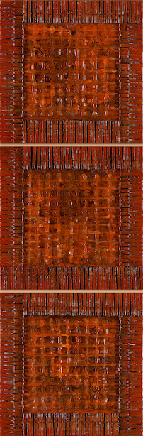 Rows of clothes pins frame a grid of textured acrylic paint in each of the three canvases of this triptych.