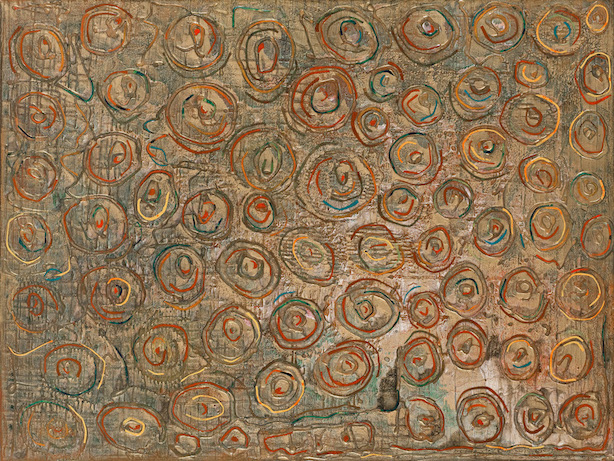 An irregular raised and textured multi-colored pattern of concentric circles with hints of green and navy on a buff and gold background suggests a bed of roses or poppies